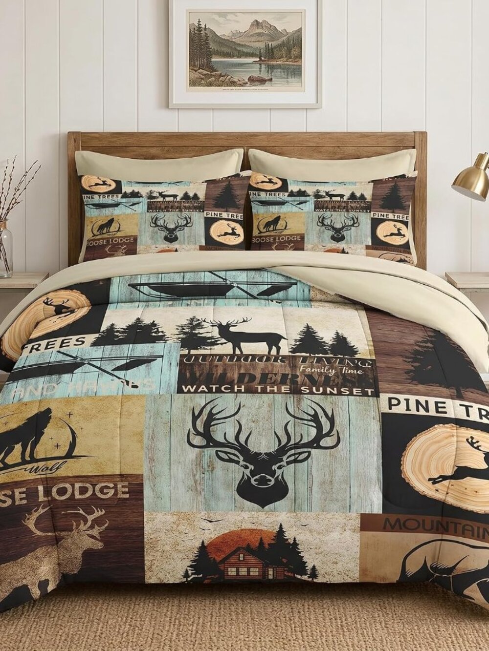 7 Pcs Queen Size Comforter Set with 2 Pillowcases & 2 Shams, Bear Wolf Tree Wood